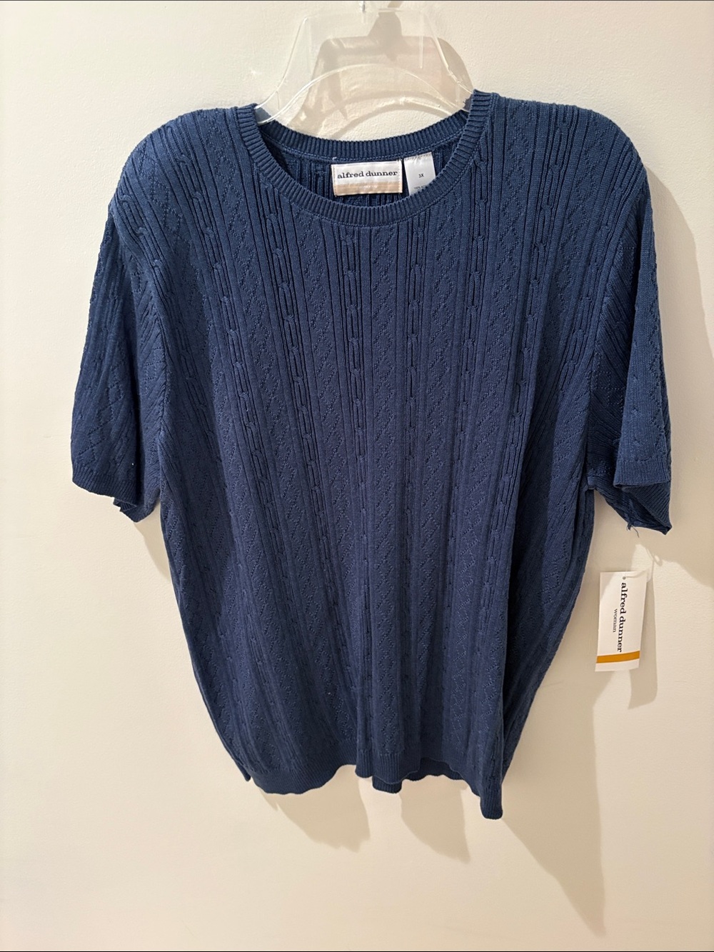 Alfred Dunner Navy Blue Short-Sleeve Crewneck Cable Sweater